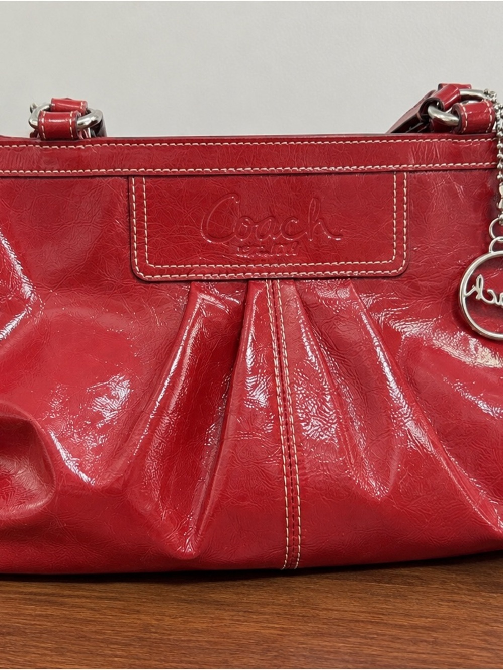 Coach Red Patent Leather Shoulder Bag with Logo Charm